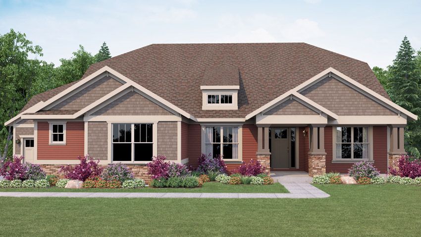 Exterior rendering of single story home, showing the front entryway of the home and sidewalk. The exterior is a Craftsman style.