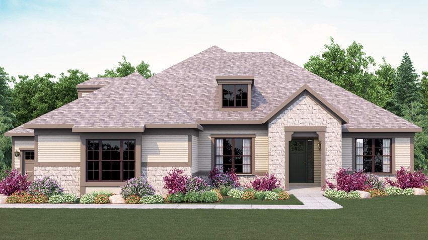 Exterior rendering of single story home, showing the front entryway of the home and sidewalk. The exterior is an English Country style.